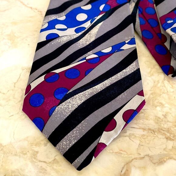 Vintage Pierre Cardin 100% Silk Tie Multi-Colour Stripes & Polka Dots - Picture 3 of 6